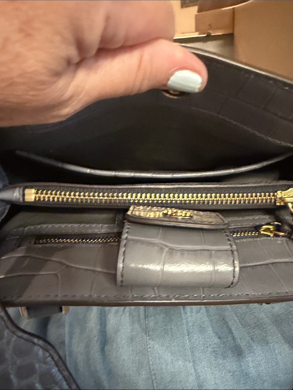 Tory Burch Gray Croc-Embossed Tote with Gold Hardware - Picture 3 of 9